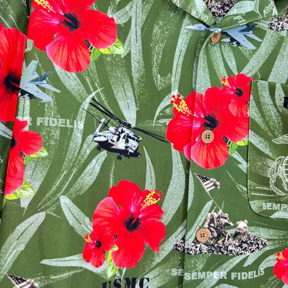 AE SPORT Marines Semper FI Hawaiian Shirt Green Red Men’s Medium NEW - Picture 7 of 12